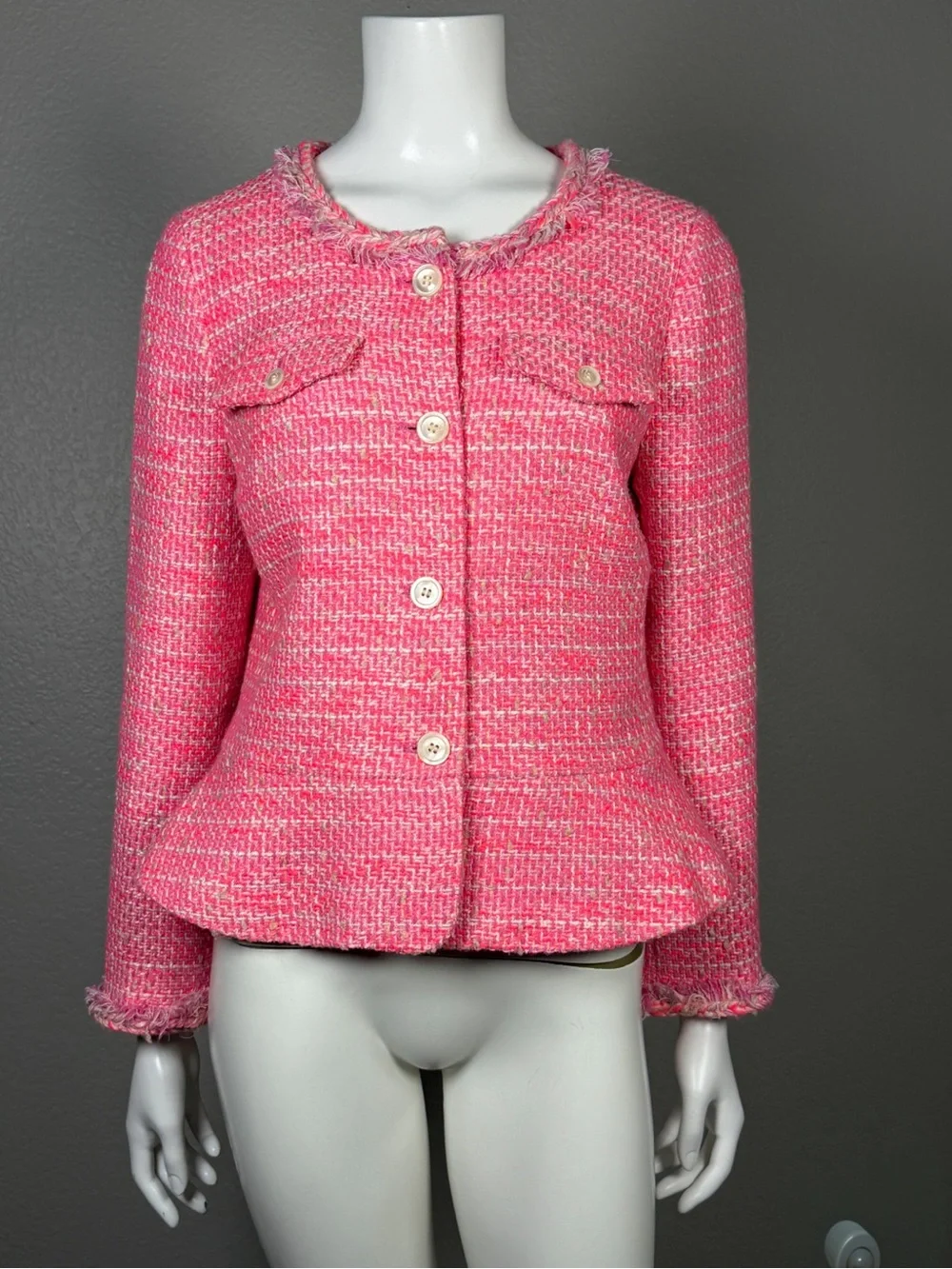 J.Crew Pink Tweed Lady Jacket Peplum Fringe Braided Trim Blazer Size 8